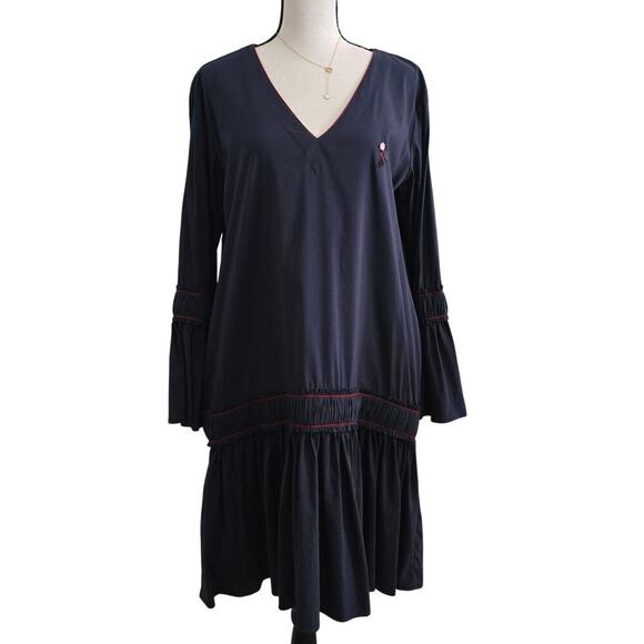 GANNI Navy Blue Poplin Midi Dress M Ruffle Embroidered Boho Luxury Minimalist - Picture 1 of 15